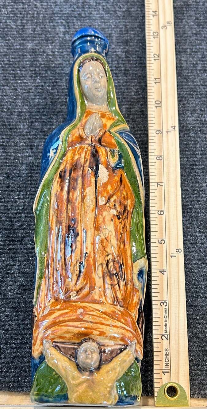 Vintage Tlaquepaque Mexican Folk Art Ceramic Virgin of Guadalupe Holy Water Bott - Picture 2 of 7